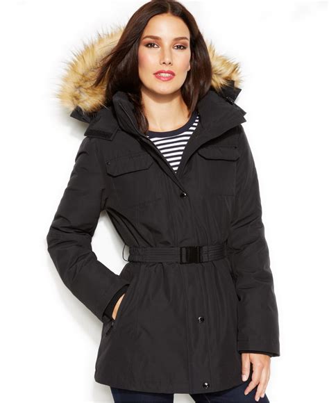 faux fur trim hood belted vest michael kors|michael michael kors hooded faux fur trim down puffer coat.